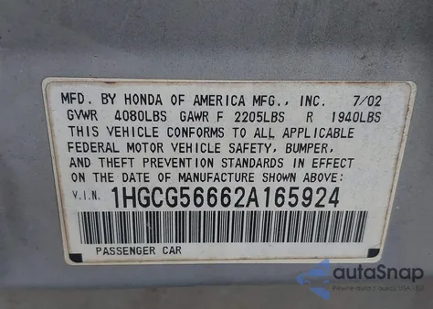 2002 Honda Accord 2.3 Ex из США, поврежденный, VIN 1HGCG56662A165924